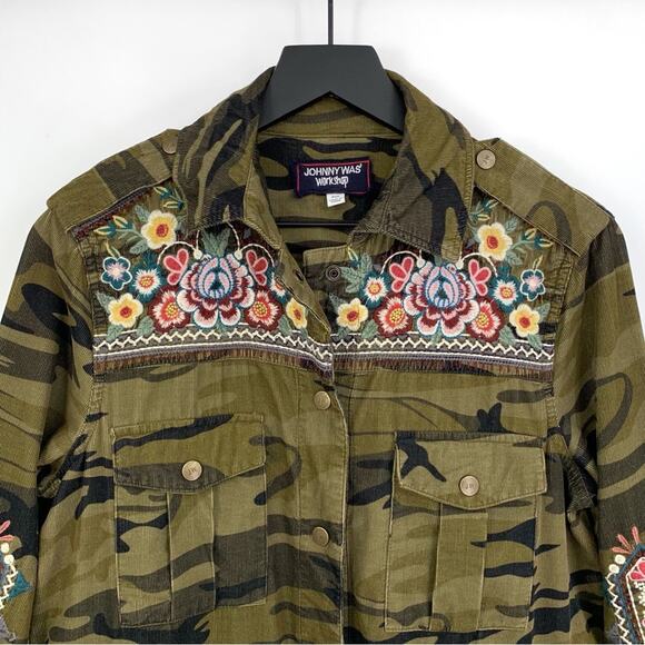 JOHNNY WAS Workshop Raquel Corduroy Embroidered Shacket Green Camo PXS - Picture 2 of 10